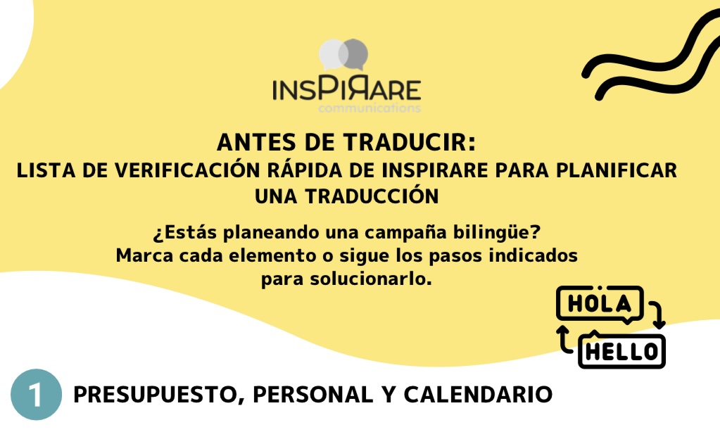 Categorías de la lista de verificación para la planificación de la traducción: presupuesto, personal y plazos; alcance del contenido; calidad; pruebas.