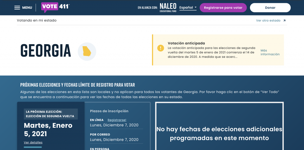 Versión en español de la página web de información electoral Vote411 de Georgia 2020, con detalles sobre las próximas elecciones estatales.